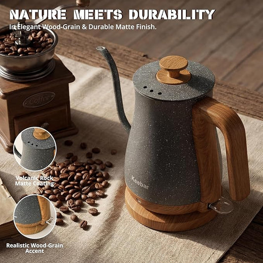 Electric Tea Kettle, Electric Kettle Stainless Steel, 1000W Tea Kettle Electric Auto Shut Off, 0.8L, Wood-like Grain Finish Handle, Ice Crackle