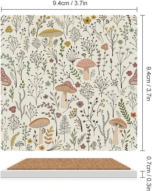 4PCS Botanical Ceramic Coasters, Square Absorbent Drink Coasters, Colorful Mushroom Floral Green Leaves Boho Plants Pattern Botanical Ceramic Table Coasters for Coffee, Beverage, Wine, Beer Coasters