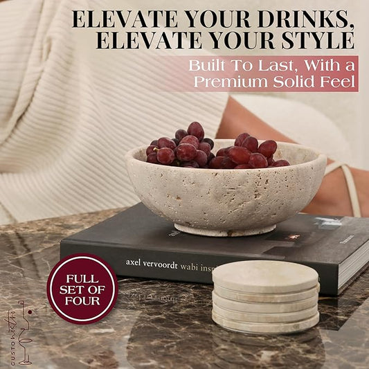 Gusto Nostro Travertine Coasters - Absorbent Stone Coasters Set of 4 - Aesthetic, Natural Stone Coaster for Drinks - Anti-Slip Round Artisanal Travertine Coaster for Kitchen Counter and Coffee Table