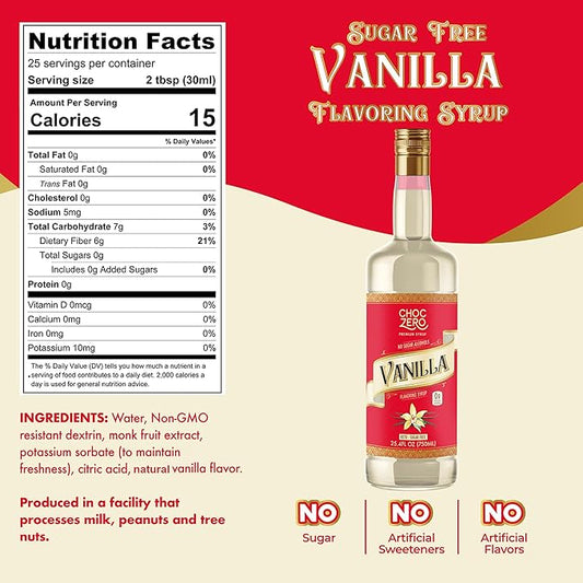 ChocZero Sugar Free Vanilla Syrup for Coffee - Keto Flavoring Syrups - Low Calorie Simple Syrup for Flavored Drinks – 25.4 Fluid Ounces