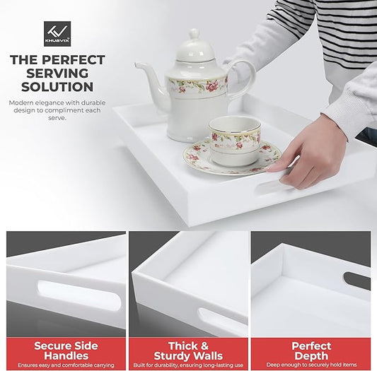 White Tray 16×12" with Cut Handles - Spill Proof Decorative Tray is an Ideal Countertop Organizer for Living Rooms, Ottoman Coffee Tables, Offices, Kitchens & Serving Guests