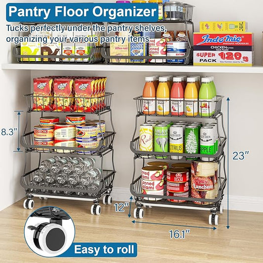 3-Tier Rolling Pantry Floor Organizer and Storage Cart with Wheels, Stackable Wire Pantry Baskets for Pantry Shelves, Kitchen Fruit Basket Stand and Storage Rack for Fruit Snack Onion Potato