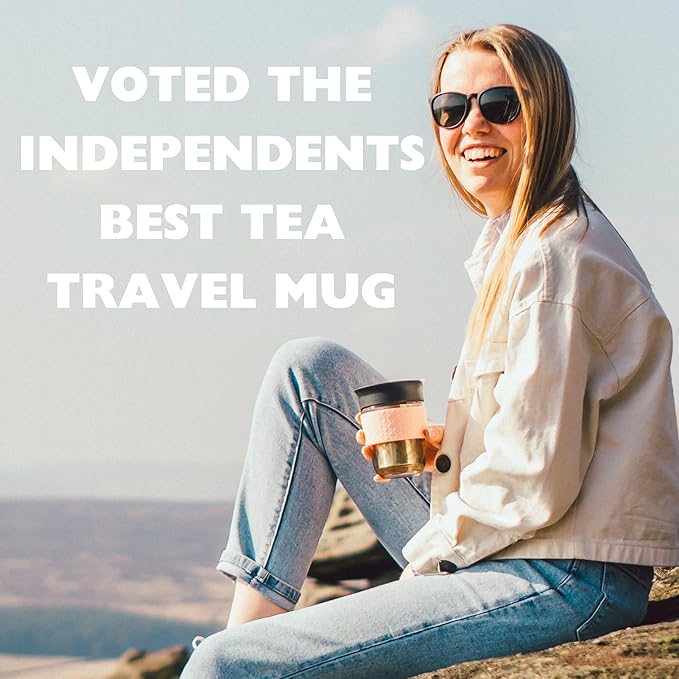 Travel Mug Loose Tea Infuser - Detachable Tea Strainer with Spillproof Lid - BPA-Free Reusable Glass Travel Coffee Cup with Silicone Band (Black, 12oz)