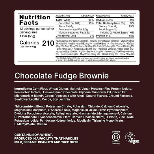 Huel Complete Nutrition Vegan Protein Bars | Fudge Brownie | 13g Protein | 27 Vitamins & Minerals, 2g Sugar, Non-GMO, 100% Plant Based Snack | 12 Pack