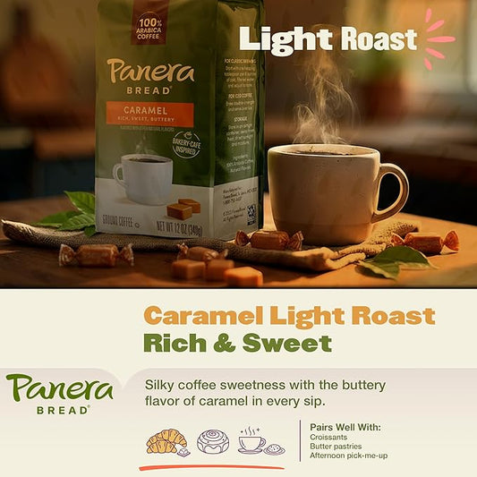 Panera Caramel Light Roast Ground Coffee, 100% Arabica, Naturally Flavored Caramel, Rich Buttery Taste, Sustainably Sourced, 12oz Bag Pack of 6 (72 oz Total)