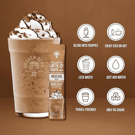 The Frozen Bean Mocha Frappe & Latte Instant Mix (10 Sticks), Made with Arabica Coffee, Double Shot Caffeine, Low Sugar & Premium Ingredients, Hot, Iced, or Blended Drinks
