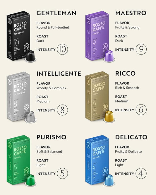 ROSSO CAFFÈ 120 Espresso Coffee Pods for Nespresso Original Machines, Premium Capsules, Variety Value Pack 6 Flavors, Rich Breakfast to Intense Roasts