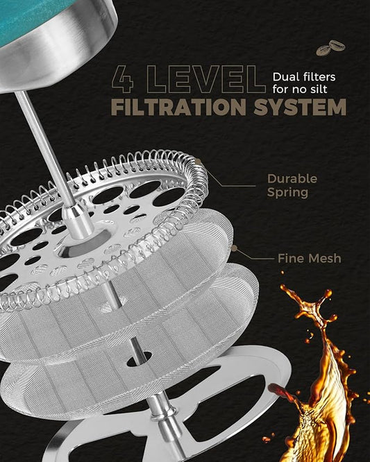 POLIVIAR French Press Coffee Maker, 34 oz Coffee Press with Real Wood Handle, Double Wall Insulation & Dual-Filter Screen, Food Grade Stainless Steel for Good Coffee and Tea JX2023-FPLD
