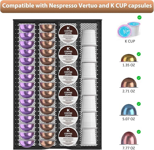 Nespresso Pods Holder, K Cup Holder, Coffee Pod Holder Organizer Compatible with Nespresso Vertuo Capsules, Holds 60 Small or 40 Large Pods, Black