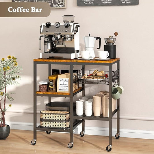 Hadulcet 4-Tier Adjustable Microwave Stand with Storage on Wheels - Rolling Kitchen Cart & Mobile Coffee Bar, Baker's Rack for Kitchen Island, Office, Living Room