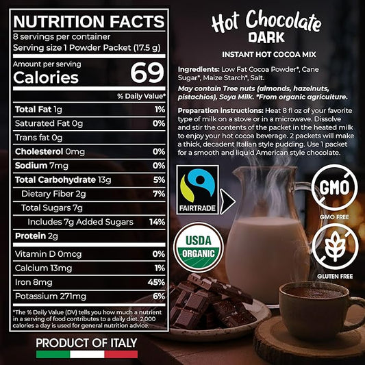 Cafe Garibaldi Premium Dark Hot Chocolate - Organic Instant Cocoa Mix with Dark Cacao Powder, Fair Trade, Gluten-Free, & GMO-Free, 8 Servings x 0.62oz Packets, Ideal Italian Hot Chocolate Gift