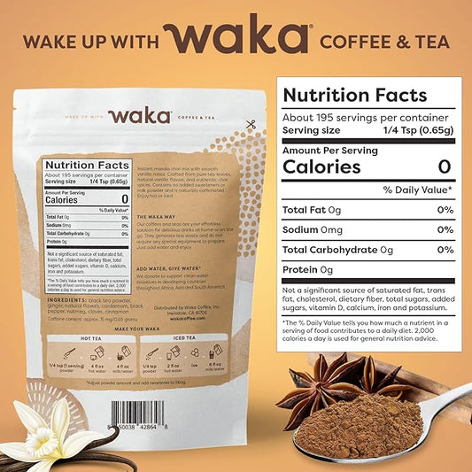 Waka Vanilla Chai Tea Powder Mix - 100% Tea Leaves from India, Natural Spices, Unsweetened Vegan Tea Powder - No Sugar, No Additives, Up to 195 Cups (4.5oz Pouch, 195 Servings)