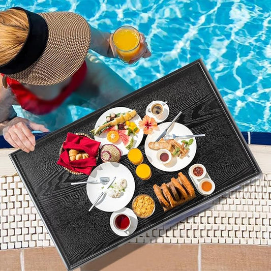 28 x 18 Inches Extra Large Solid Wood Serving Tray for Tea Coffee Table Snack Food Meals Serving Plate Kitchen Party Bar Breakfast Server with Raised Edges Black Wooden Decorative Ottoman Tray