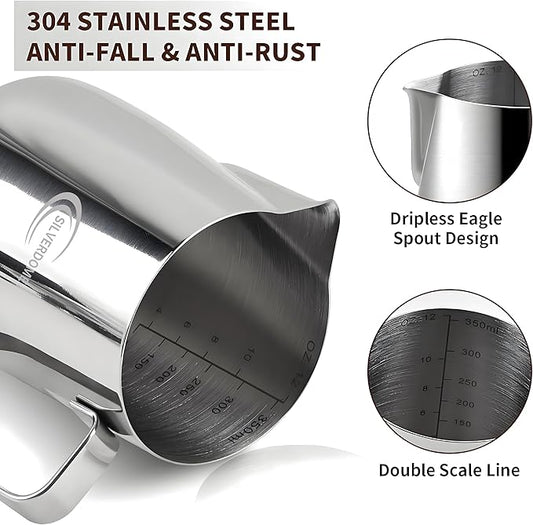 Milk Frothing Pitcher, 12 Oz (350 ml) Stainless Steel 304 Grade, Equipped with Decorating Art Pen, Latte Art Barista Style, Steam Pitcher, Milk Jug