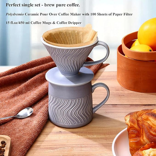 Pour Over Coffee Maker with 100 Sheets of V60 Paper Filter, 15 oz Ceramic Coffee Mug & Ceramic Coffee Dripper, 1 Cup-Single brew coffee set, Purple