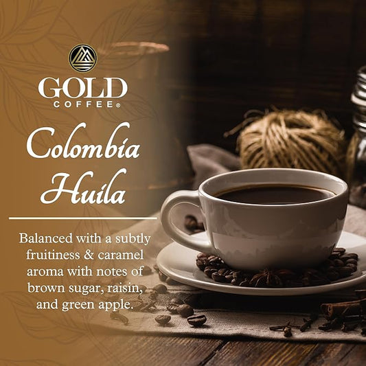 Gold Coffee | Premium Colombia Huila, Medium Roast, Whole Bean | 100% Colombian Coffee, 12oz. (Pack of 4)