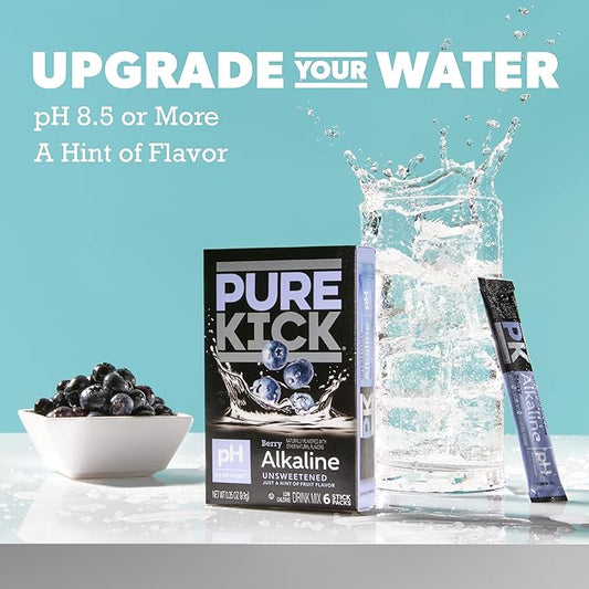 Pure Kick Alkaline pH 8.5 or Higher Berry Powdered Drink Mix Packets, Unsweetened with a Hint of Flavor -, 72 Total Packets (12 Boxes, 6 Each), Singles to Go!