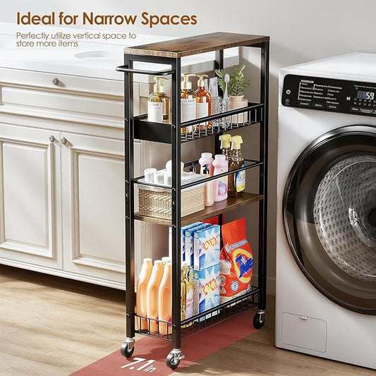Slim Storage Rolling Cart, 4 Tier Narrow Cart with Wheels, Metal Kitchen Rolling Cart for Small Spaces, Slide Out Storage Shelves for Kitchen, Laundry Room, Bathroom, Living Room, 7.1in(W)