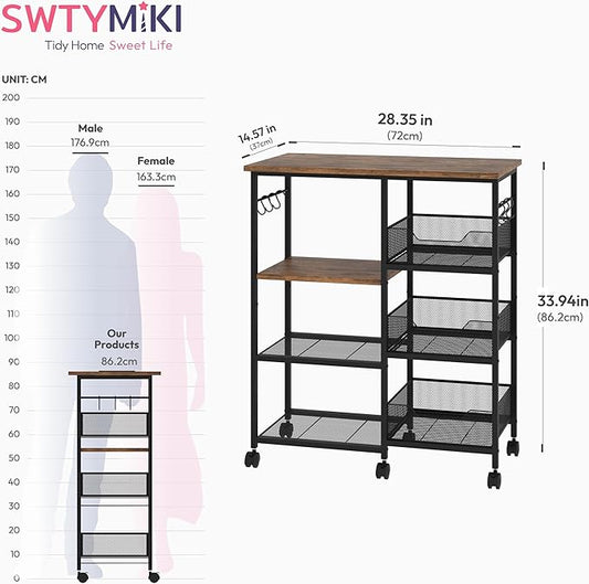 SWTYMIKI Kitchen Island Cart on Wheels - 28.35x14.57in Rolling Kitchen Table Cart with Storage Shelves, 6 Removable Hooks& Locking Casters, Coffee Bar Cabinet for Dining Room Pantry Office, Espresso