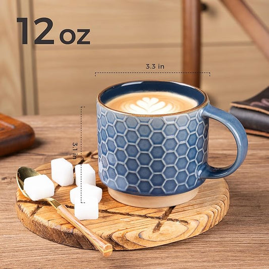 GBhome 12 OZ Stackable Coffee Mugs Set of 6, Ceramic Coffee Mugs with Texture Patterns for Man,Woman,Dad,Mom, Modern Coffee Cups for Latte/Cappuccino/Cocoa. Dishwasher&Microwave Safe