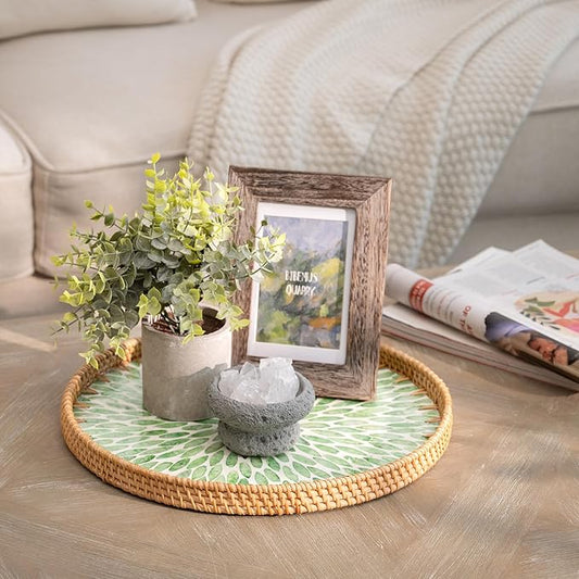 StorageWorks Decorative Coffee Table Trays for Home Decor, Round Rattan Tray with Mother of Pearl Inlay, Large Wicker Woven Serving Tray Decor for Kitchen Counter,Living Room and Ottoman, Green
