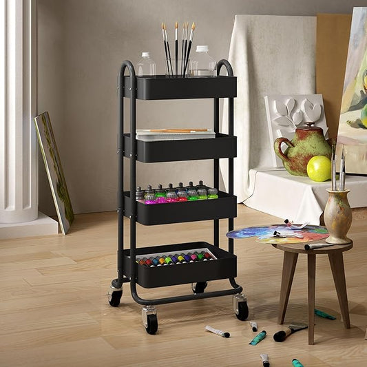 Metal 4-Tier Rolling Cart with Handle,Multifunction 4-Tier Rolling Cart Metal with Wheels,Kitchen Storage Carts Suitable for Office,Home,Kitchen,Garden(13.4"x18.1"x40") Black