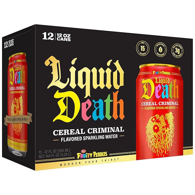 Liquid Death Soda-Flavored Sparkling Water - Cereal Criminal (Fruity Pebbles, Cream), Less Sugar*, Huge Flavor, No Caffeine, No Artificial Sweeteners, 12 Fl Oz (Pack of 12)