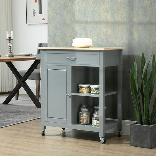 HOMCOM Kitchen Island Cart, Rolling Kitchen Island with Storage Shelf, Solid Wood Top, Drawer, for Dining Room, Gray