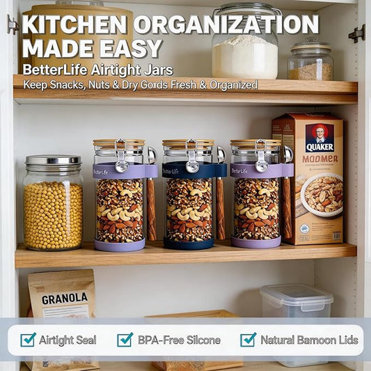 1.5-Quart Large Glass Nuts Storage Container, Airtight Food Storage Jar with Bamboo Lid & Scoop, Keeps Nuts Crunchy & Fresh, Perfect for Pantry Organization & Storing Nuts, Almonds, Peanuts