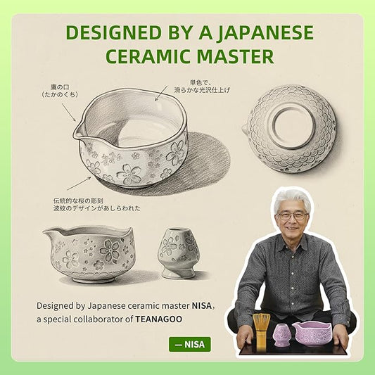 TEANAGOO 7-PCS Purple Matcha Whisk Set with Cherry Blossom Design, Complete Ceremony Kit, Ceramic Chawan Bowl with Spout, Whisk & Accessories, Traditional Matcha Tea Set for Lattes& Gift Giving