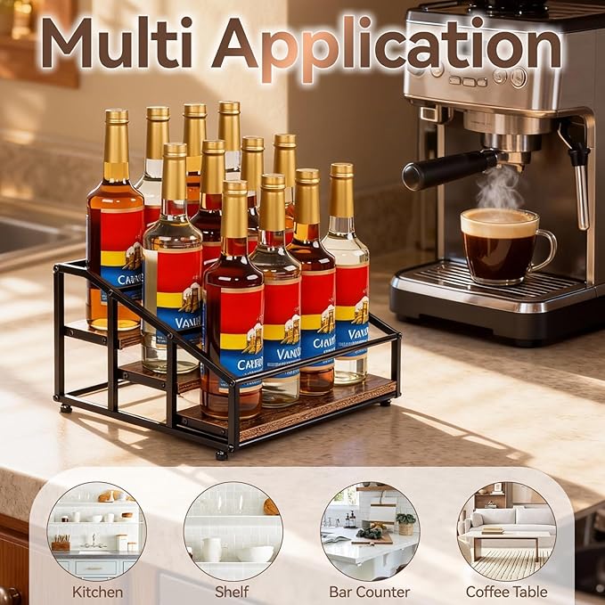 kimilus Coffee Syrup Organizer Rack, Liquor Bottle Display Shelf, 3 Tier 12 Syrup Bottles Holder Stand for Coffee Bar Kitchen Small Wine Rack for Family Storage for Syrup Wine Dressing