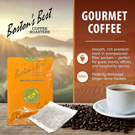 Boston’s Best - In-Room Premium Roast Regular Ground Coffee Filter Portion Packets, Brewed Drinks, Pack of 200 (.664 oz. per packet), Use with 4-Cup Drip Coffee Machine