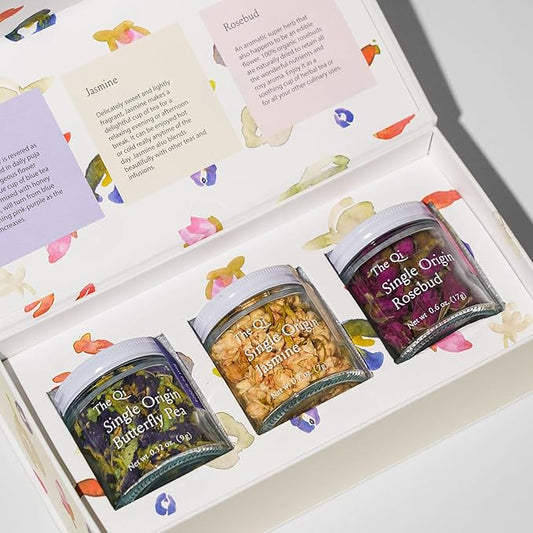 The-Qi Trio Petite Flower Teas Set - 3 Jars of Whole Flowers (Butterfly Pea, Rosebud, & Jasmine) - 100% All Natural Floral Tea Gift Set for Inner Calm, Relaxation, & Wellness - Naturally Caffein-free