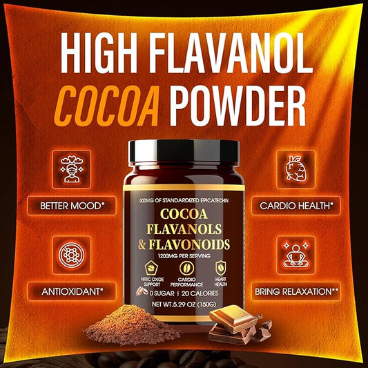 High Flavanol Cocoa Powder, 1200mg Cocoa Flavanols, Flavonoids & 600mg Epicatechin, Improve Circulation, Energy, Supports Heart Health & Brain Function (1, Gram, 150)