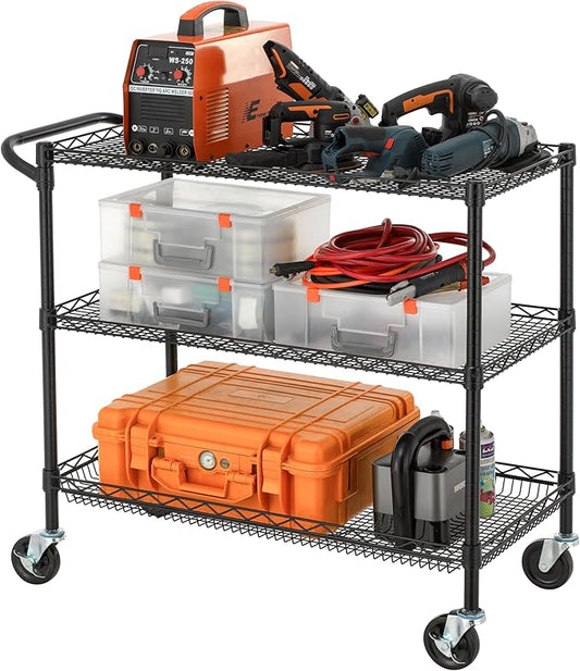 Finnhomy 3 Tier Heavy Duty Commercial Grade Utility Cart, Wire Rolling Cart with Handle Bar, Steel Service Cart with Wheels, Kitchen Carts on Wheels, Metal Cart Shelf Size 18" D x 36" W, NSF, Black