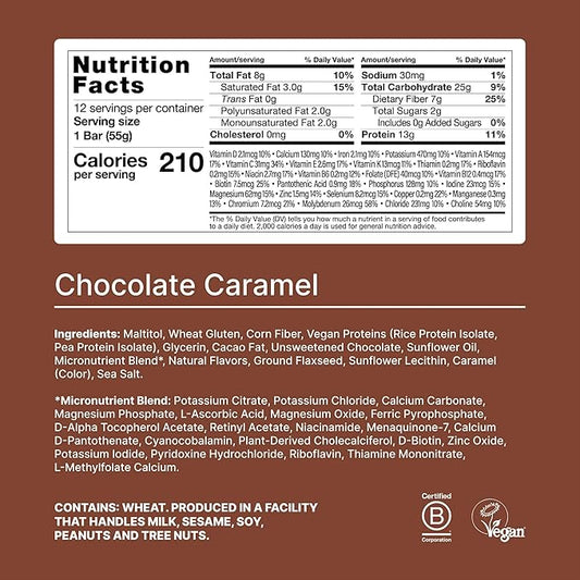 Huel Complete Nutrition Vegan Protein Bars | Chocolate Caramel | 13g Protein | 27 Vitamins & Minerals, 2g Sugar, Non-GMO, 100% Plant Based Snack | 12 Pack