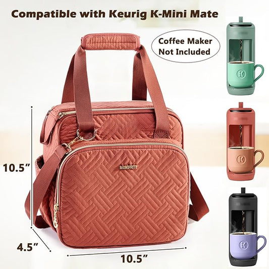 BAGSPRITE Coffee Maker Travel Bag Compatible with Keurig K-Mini Mate, Full Open Carrying Case with Quilted Padded Soft Microfiber, K--Cup Single Serve Coffee Maker Bag with Pod Organizer, Mug Pockets