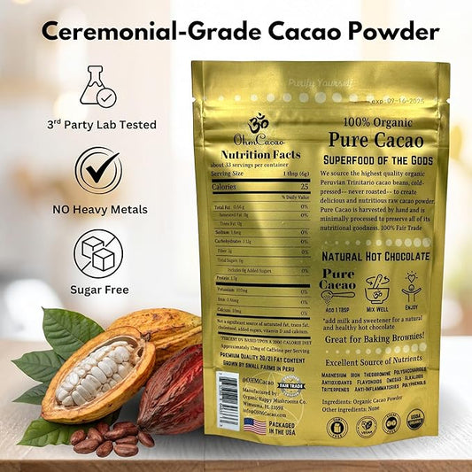 Pure Raw Organic Cacao Powder | Premium Ceremonial Grade Cacao | Natural Source of Flavanols, Magnesium, Iron & Theobromine | Sugar-Free Hot Cocoa Chocolate Drink & Baking Mix | Unsweetened - (33 Servings)