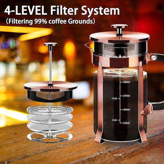 YMMIND French Press Coffee Maker 304 Stainless Steel Coffee Press,with 4 Filters System, Heat Resistant Thickness Borosilicate French Press Glass, BPA-Free Brewed Tea Pot Coffee Plunger(Copper 12oz)