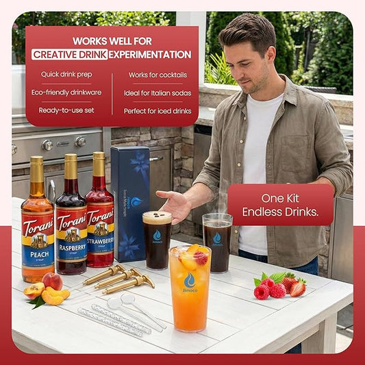 Jimoco Barista Set – Torani Raspberry, Strawberry & Peach Syrups (25.4 oz Each) with 3 Jimoco Syrup Pumps, Reusable Cups, Straws & Stirrers – Coffee, Italian Soda & Cocktail Flavoring Kit