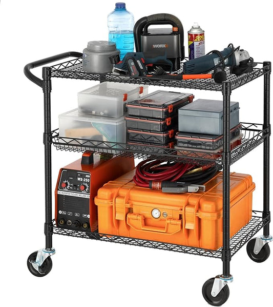 Finnhomy 3 Tier Heavy Duty Commercial Grade Utility Cart, Wire Rolling Metal Trolley with Handle Bar, Steel Kitchen Service Cart with Wheels, Food Storage Trolley on Wheels, NSF Listed, Black
