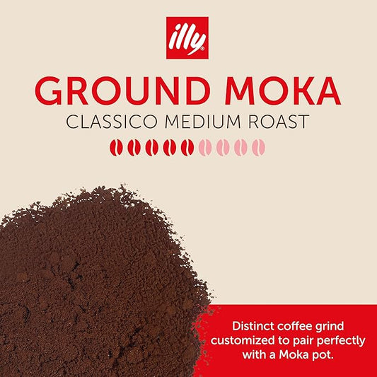 illy Ground Moka Coffee, Classico Medium Roast, 100% Arabica, Premium Italian Coffee, Pre-Ground for Moka Pot or Stovetop Brewing, 8.8oz, 6 Pack