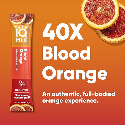 IQMIX Hydration Electrolyte Powder – 4-in-1 Formula for Hydration, Mental Clarity, Mood and Recovery – Sugar-Free Drink Mix, Keto, Magnesium L-Threonate, Lion’s Mane – 40 Count Blood Orange