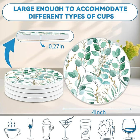 Drinks Coasters Set of 4, Sage Green Plants Round 4" Cup Coasters, Absorbent Ceramic Stone Coasters with Cork Base, Cute Coasters for Table Home Décor, Ideal Gifts for Women Men