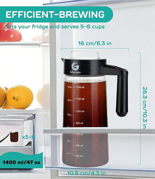 Coffee Gator Cold Brew Coffee Maker - 47 oz Iced Tea and Iced Coffee Maker and Pitcher with Borosilicate Glass Carafe, Filter - Black