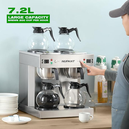 Dual Drip Commercial Coffee Maker with Water Line 200 Cup/H 7.2L Auto-Filling Drip Coffee Maker Machine with 4 Carafes & 4 Warmers Stainless Steel Pour over Double Coffee Brewer for Restaurant