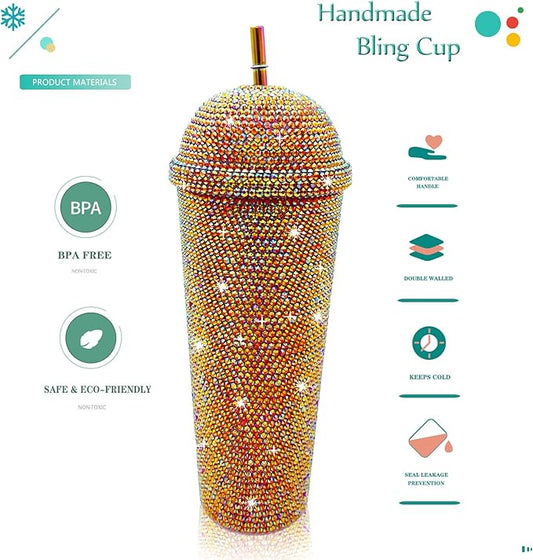 24oz Bling Cup Handmade Rhinestones Studded Tumbler Double Wall Insulated Plastic Reusable Water Bottle with Lid and Straws for Home Office Party Beach (Bright Red)