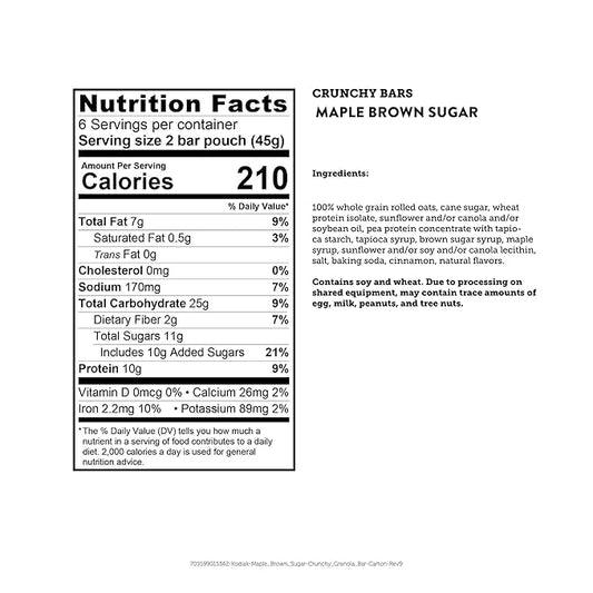 Kodiak Crunchy Granola Snack Bars, Maple Brown Sugar, High Protein, 100% Whole Grains, 1 box with 6 pouches (12 bars)
