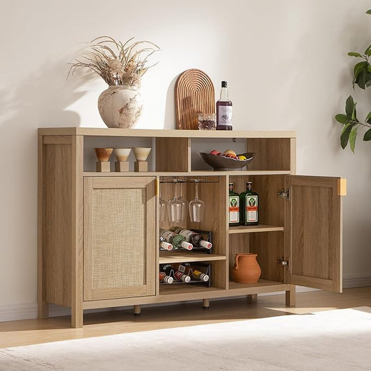 SICOTAS 51" Coffee Bar Cabinet Bar Cart with Storage, Wine Bar Cabinets Boho Home Bar Table, Rattan Sideboard Buffet with 2 Doors, Coffee Station with Wine Racks for Living Dining Room Entryway