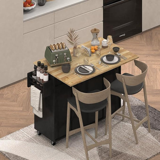 Kitchen Island with Storage, Rolling Kitchen Islands Cart with Solid Wood Countertop, Mobile Drop Leaf Kitchen Prep Table on Wheels with Wine Rack and Drawers